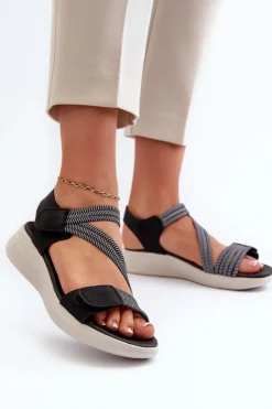 Damskie Evento Damskie Wygodne Sandały Na Rzep Czarne Eladora