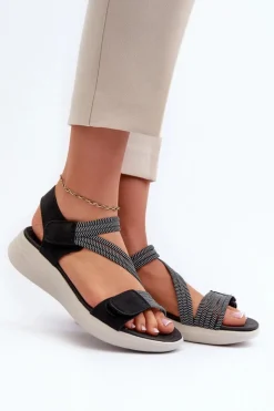 Damskie Evento Damskie Wygodne Sandały Na Rzep Czarne Eladora