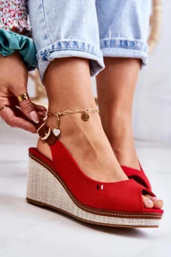 Online Boto Damskie Wygodne Sandały Na Koturnie Czerwone Thallas