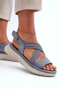 Evento Sandały Płaskie*Damskie Wygodne Sandały Na Rzep Niebieskie Eladora