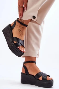 Boto Sandały Na Koturnie*Damskie Wygodne Sandały Na Koturnie Czarne Laurie