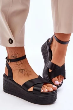 Boto Sandały Na Koturnie*Damskie Wygodne Sandały Na Koturnie Czarne Laurie