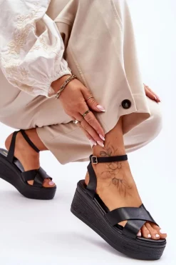 Boto Sandały Na Koturnie*Damskie Wygodne Sandały Na Koturnie Czarne Laurie