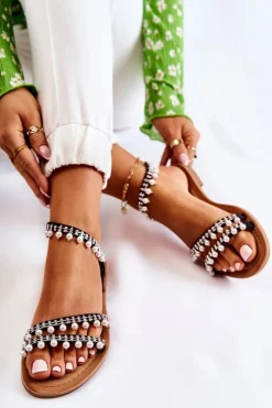 Boto Sandały Płaskie*Damskie Wygodne Sandały Z Ozdobami Czarne Nell