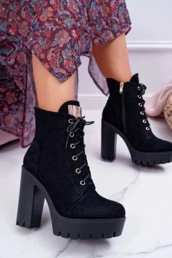 Boto Botki Sznurowane|Botki Na Słupku*Damskie Wysokie Botki Czarne Zamszowe Grunge Midow