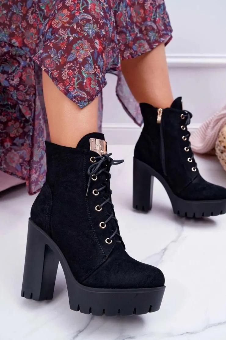 Boto Botki Sznurowane|Botki Na Słupku*Damskie Wysokie Botki Czarne Zamszowe Grunge Midow