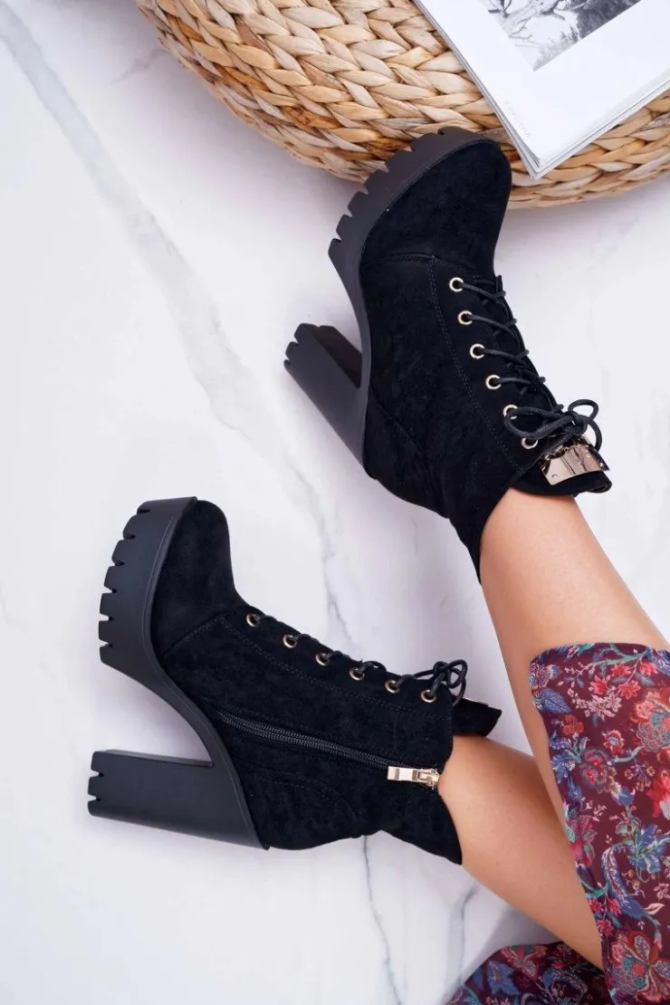 Boto Botki Sznurowane|Botki Na Słupku*Damskie Wysokie Botki Czarne Zamszowe Grunge Midow