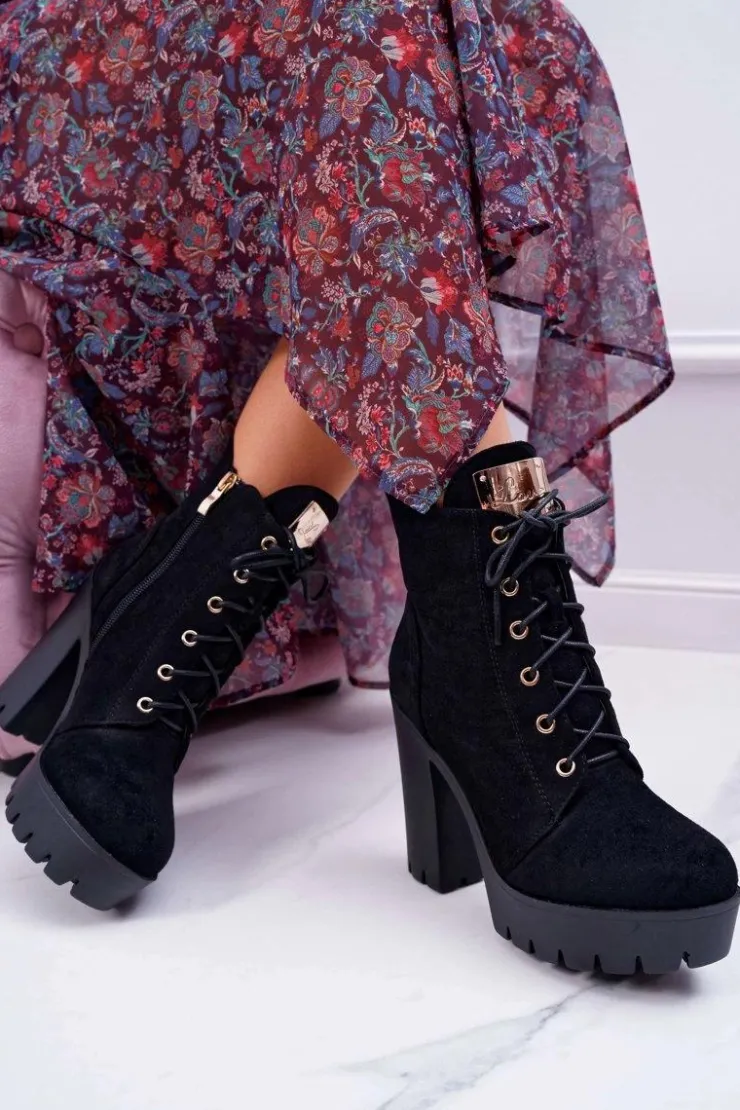 Boto Botki Sznurowane|Botki Na Słupku*Damskie Wysokie Botki Czarne Zamszowe Grunge Midow
