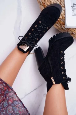 Boto Botki Sznurowane|Botki Na Słupku*Damskie Wysokie Botki Czarne Zamszowe Grunge Midow