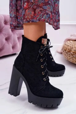 Boto Botki Sznurowane|Botki Na Słupku*Damskie Wysokie Botki Czarne Zamszowe Grunge Midow