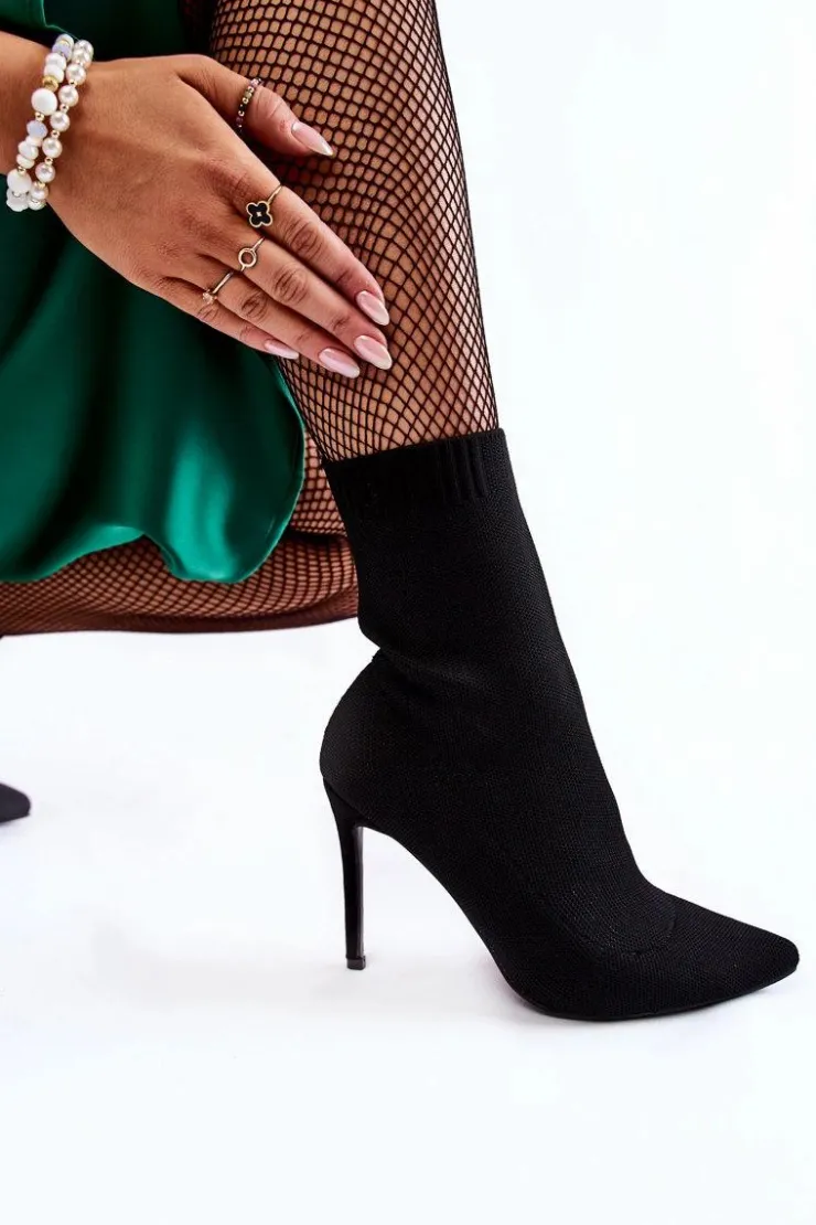Boto Botki Wiosenne|Czarne Botki*Damskie Wysokie Botki Ze Skarpetą Na Szpilce Czarne Luisell