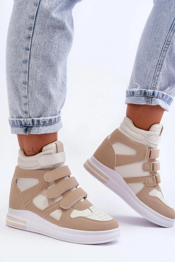 Boto Sneakersy Damskie*Damskie Wysokie Buty Sportowe Na Ukrytym Koturnie Beżowe Inari