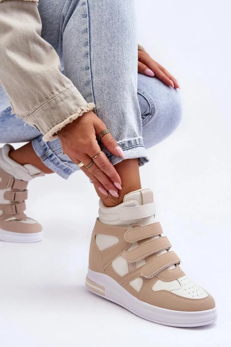 Boto Sneakersy Damskie*Damskie Wysokie Buty Sportowe Na Ukrytym Koturnie Beżowe Inari