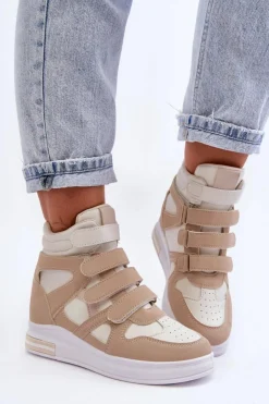 Boto Sneakersy Damskie*Damskie Wysokie Buty Sportowe Na Ukrytym Koturnie Beżowe Inari