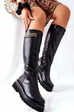 Discount Damskie buty S.Barski Damskie Wysokie Czarne Kozaki z Łańcuchem Vivien