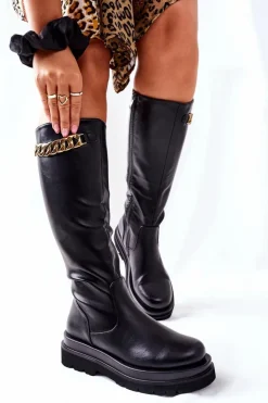 Discount Damskie buty S.Barski Damskie Wysokie Czarne Kozaki z Łańcuchem Vivien