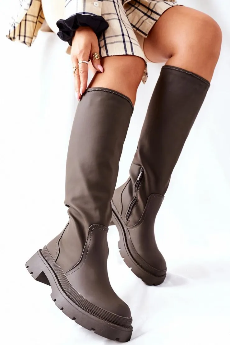 Damskie Damskie buty S.Barski Damskie Wysokie Kozaki Khaki Whats Going On