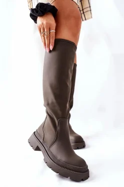 Damskie Damskie buty S.Barski Damskie Wysokie Kozaki Khaki Whats Going On