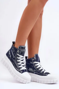 Clearance Boto Damskie Wysokie Materiałowe Trampki Granatowe Degas