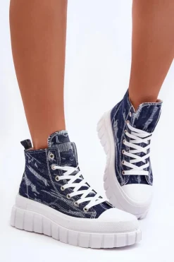 Clearance Boto Damskie Wysokie Materiałowe Trampki Granatowe Degas
