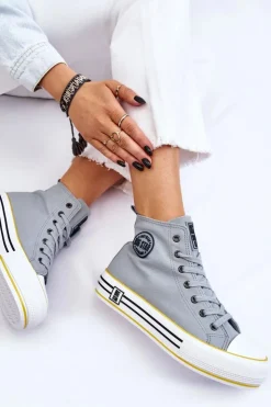 Damskie Big Star Shoes Damskie Wysokie Materiałowe Trampki Na Platformie Big Star LL274188 Jasnoniebieskie