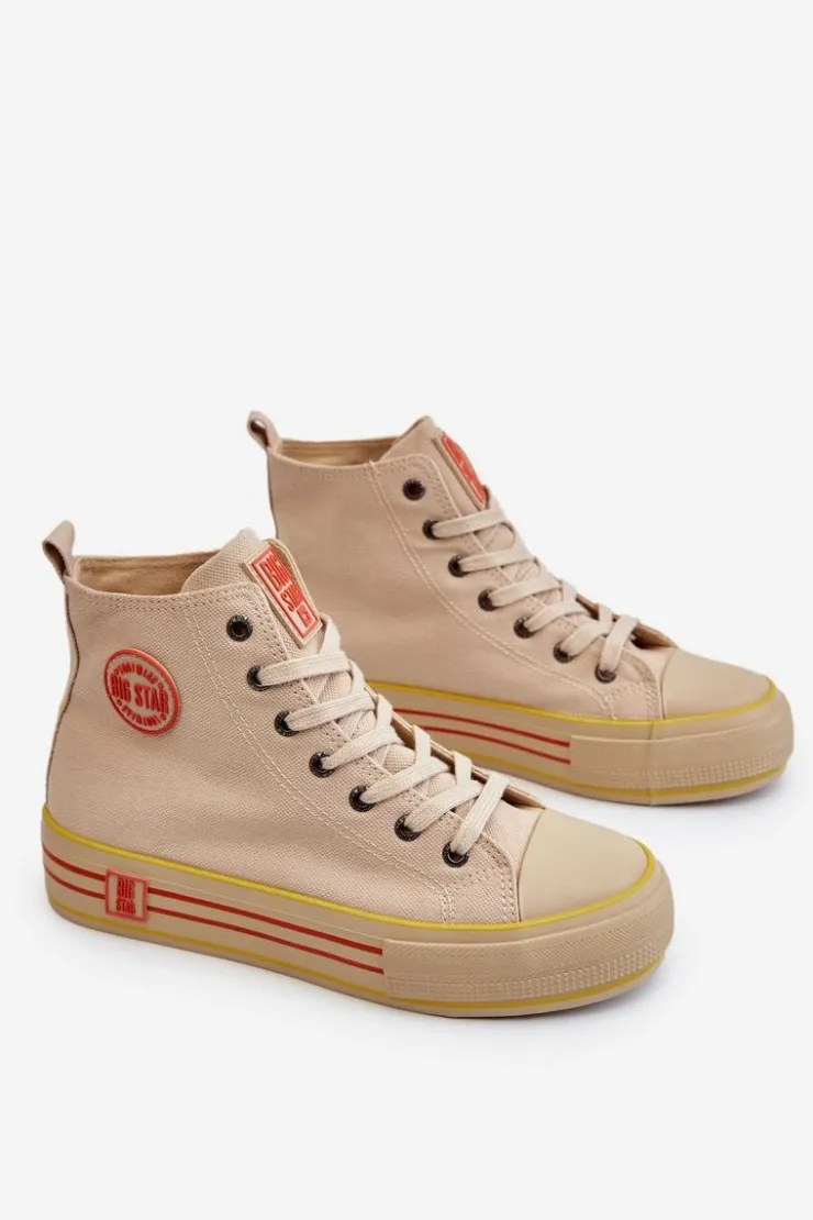 Big Star Shoes Trampki Damskie Big Star|Trampki Damskie Wysokie*Damskie Wysokie Materiałowe Trampki Na Platformie Big Star LL274187 Beżowe