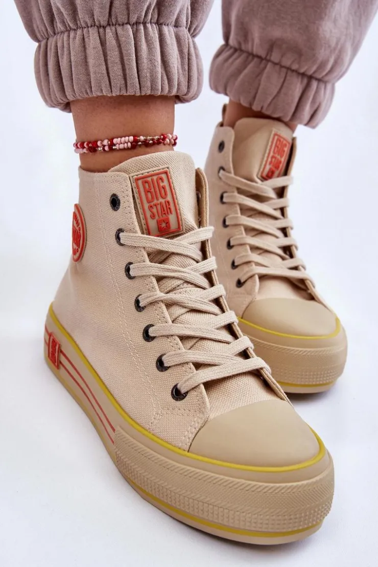 Big Star Shoes Trampki Damskie Big Star|Trampki Damskie Wysokie*Damskie Wysokie Materiałowe Trampki Na Platformie Big Star LL274187 Beżowe