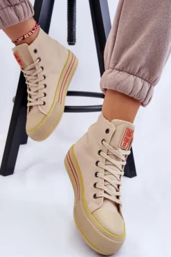 Big Star Shoes Trampki Damskie Big Star|Trampki Damskie Wysokie*Damskie Wysokie Materiałowe Trampki Na Platformie Big Star LL274187 Beżowe