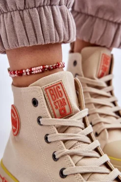 Big Star Shoes Trampki Damskie Big Star|Trampki Damskie Wysokie*Damskie Wysokie Materiałowe Trampki Na Platformie Big Star LL274187 Beżowe