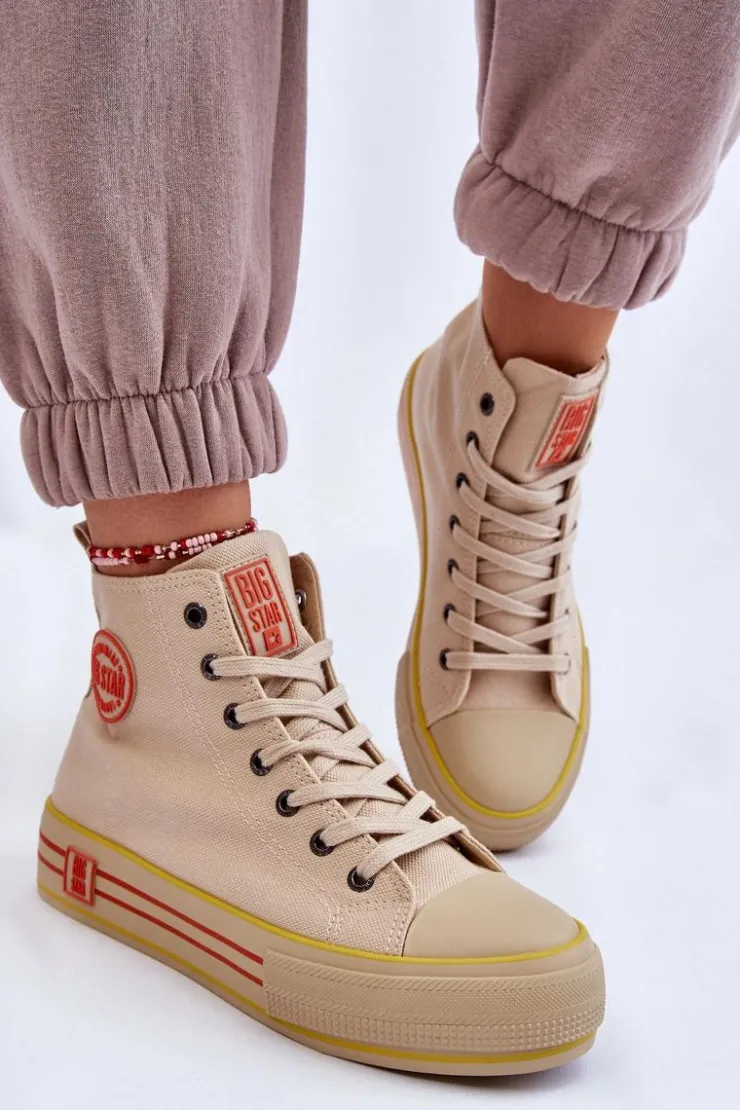 Big Star Shoes Trampki Damskie Big Star|Trampki Damskie Wysokie*Damskie Wysokie Materiałowe Trampki Na Platformie Big Star LL274187 Beżowe