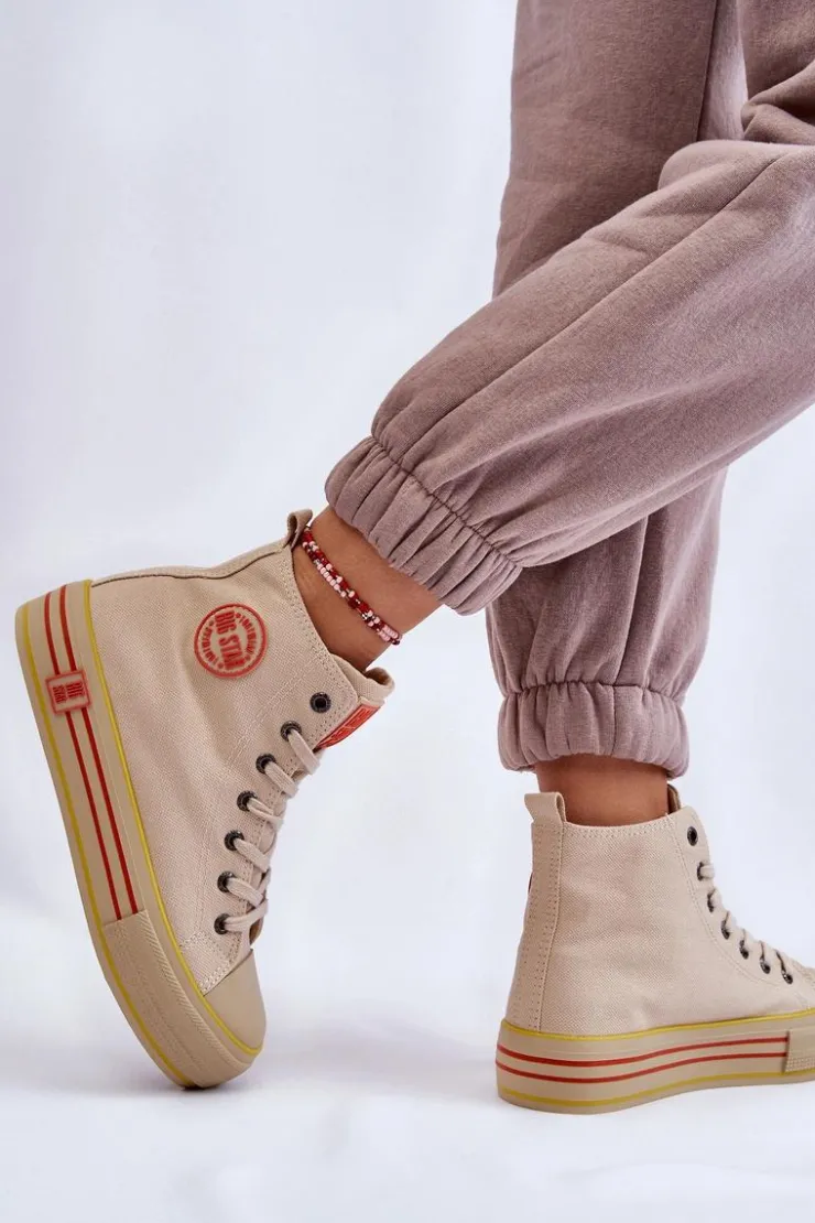 Big Star Shoes Trampki Damskie Big Star|Trampki Damskie Wysokie*Damskie Wysokie Materiałowe Trampki Na Platformie Big Star LL274187 Beżowe