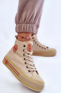 Big Star Shoes Trampki Damskie Big Star|Trampki Damskie Wysokie*Damskie Wysokie Materiałowe Trampki Na Platformie Big Star LL274187 Beżowe