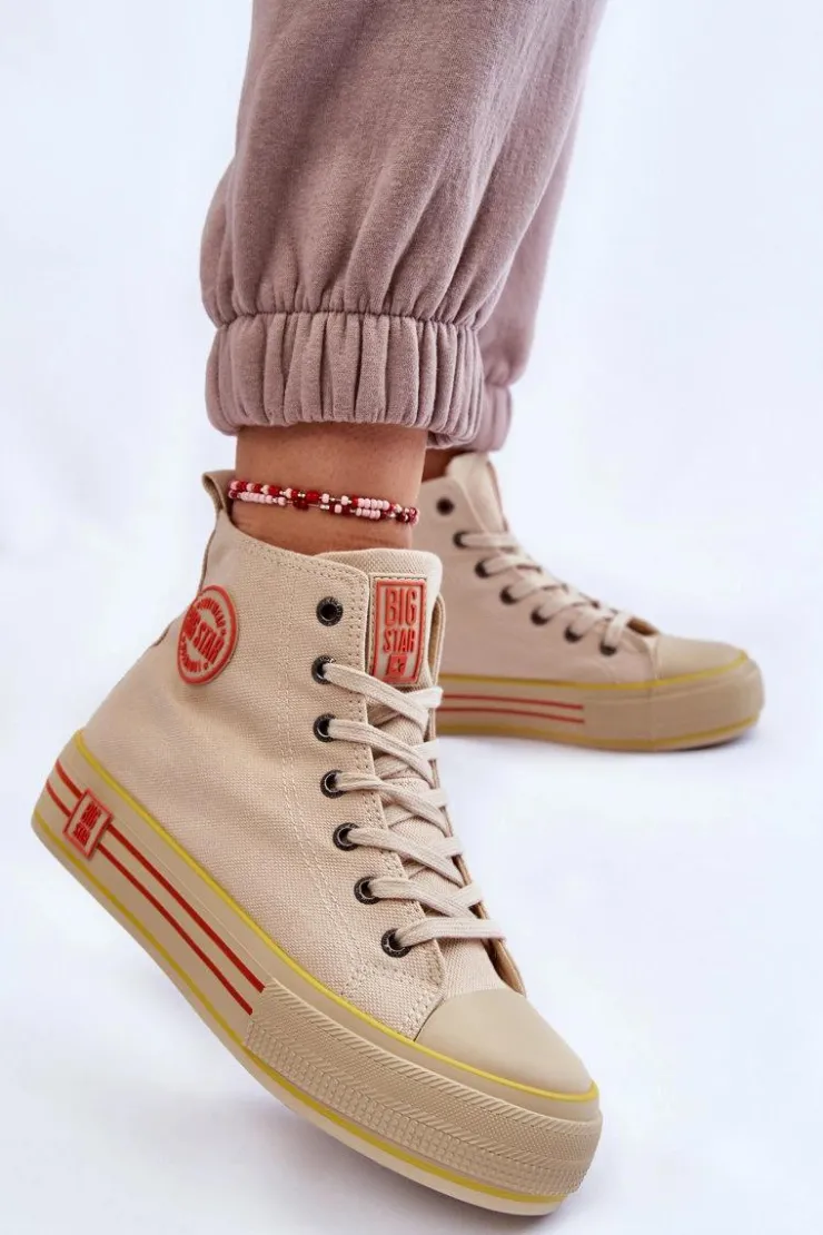 Big Star Shoes Trampki Damskie Big Star|Trampki Damskie Wysokie*Damskie Wysokie Materiałowe Trampki Na Platformie Big Star LL274187 Beżowe