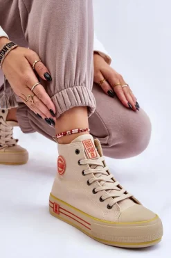 Big Star Shoes Trampki Damskie Big Star|Trampki Damskie Wysokie*Damskie Wysokie Materiałowe Trampki Na Platformie Big Star LL274187 Beżowe