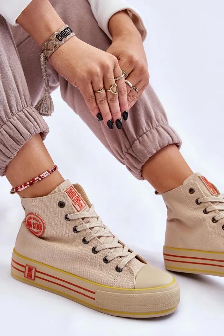 Big Star Shoes Trampki Damskie Big Star|Trampki Damskie Wysokie*Damskie Wysokie Materiałowe Trampki Na Platformie Big Star LL274187 Beżowe