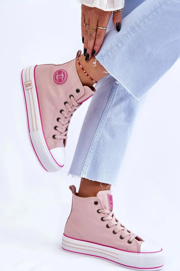 Big Star Shoes Trampki Damskie Big Star|Trampki Damskie Wysokie*Damskie Wysokie Materiałowe Trampki Na Platformie Big Star LL274186 Różowe Różowy