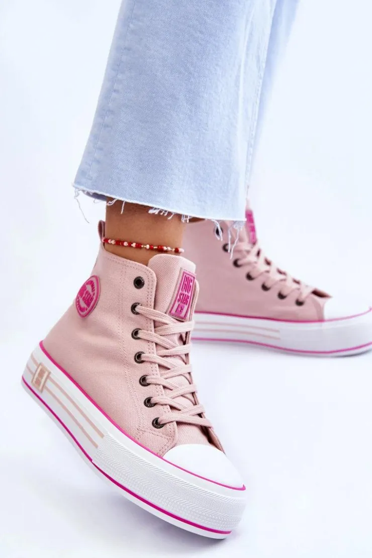 Big Star Shoes Trampki Damskie Big Star|Trampki Damskie Wysokie*Damskie Wysokie Materiałowe Trampki Na Platformie Big Star LL274186 Różowe Różowy