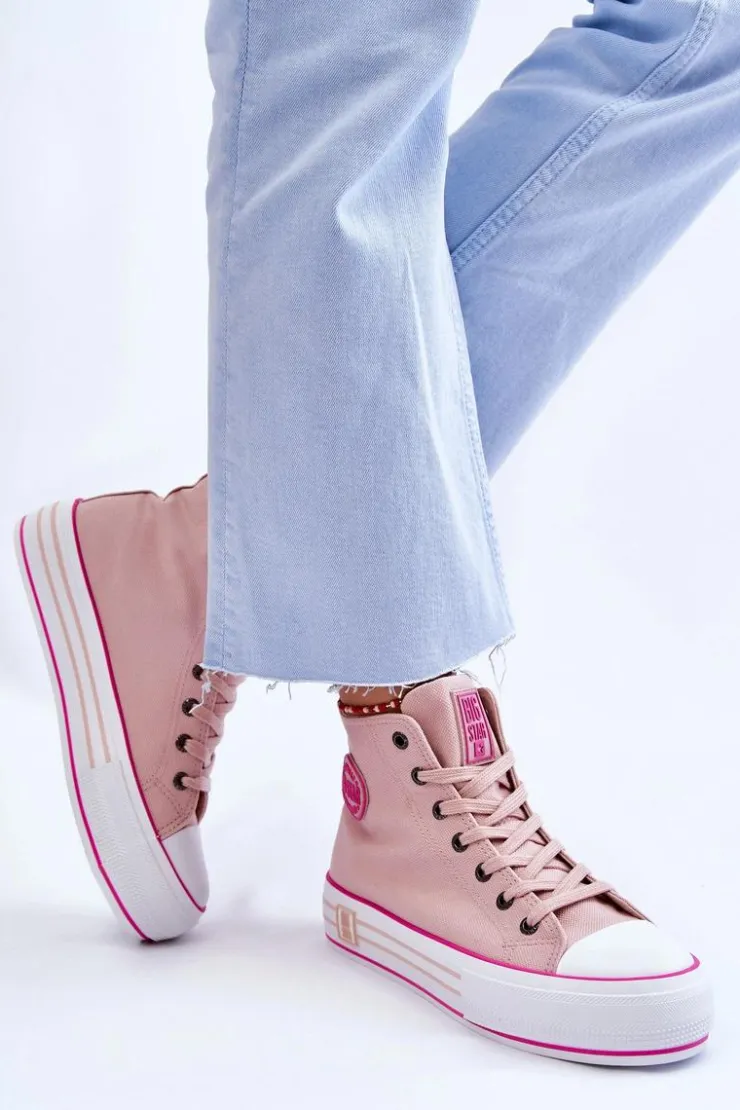 Big Star Shoes Trampki Damskie Big Star|Trampki Damskie Wysokie*Damskie Wysokie Materiałowe Trampki Na Platformie Big Star LL274186 Różowe Różowy