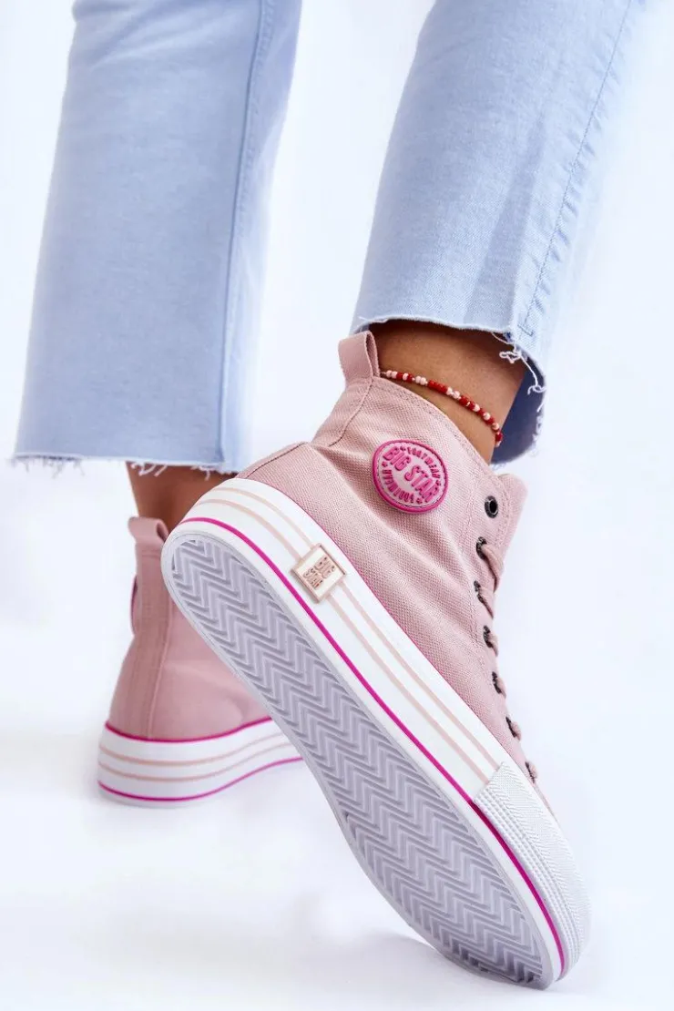 Big Star Shoes Trampki Damskie Big Star|Trampki Damskie Wysokie*Damskie Wysokie Materiałowe Trampki Na Platformie Big Star LL274186 Różowe Różowy