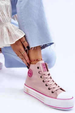Big Star Shoes Trampki Damskie Big Star|Trampki Damskie Wysokie*Damskie Wysokie Materiałowe Trampki Na Platformie Big Star LL274186 Różowe Różowy