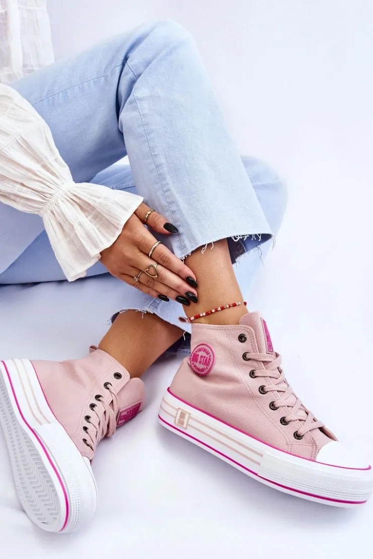 Big Star Shoes Trampki Damskie Big Star|Trampki Damskie Wysokie*Damskie Wysokie Materiałowe Trampki Na Platformie Big Star LL274186 Różowe Różowy