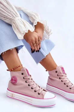 Big Star Shoes Trampki Damskie Big Star|Trampki Damskie Wysokie*Damskie Wysokie Materiałowe Trampki Na Platformie Big Star LL274186 Różowe Różowy