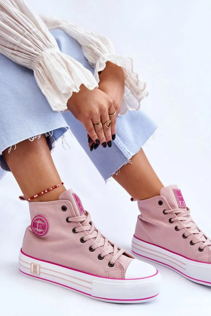 Big Star Shoes Trampki Damskie Big Star|Trampki Damskie Wysokie*Damskie Wysokie Materiałowe Trampki Na Platformie Big Star LL274186 Różowe Różowy