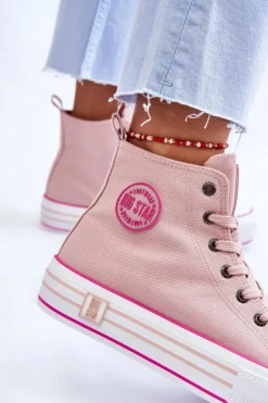 Big Star Shoes Trampki Damskie Big Star|Trampki Damskie Wysokie*Damskie Wysokie Materiałowe Trampki Na Platformie Big Star LL274186 Różowe Różowy
