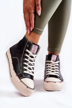 Damskie Cross Jeans Damskie Wysokie Ocieplane Trampki KK2R4042C Czarne