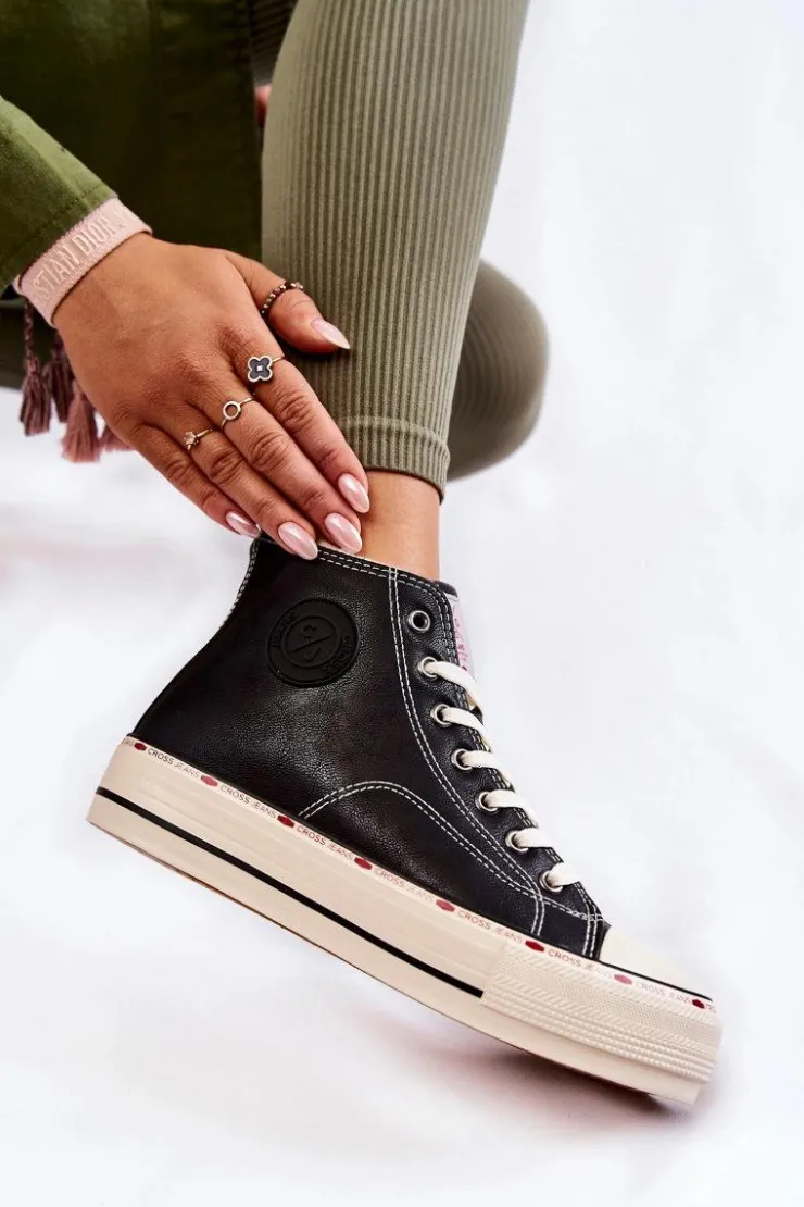 Damskie Cross Jeans Damskie Wysokie Ocieplane Trampki KK2R4042C Czarne