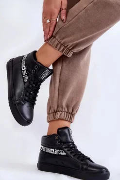 Damskie Big Star Shoes Damskie Wysokie Ocieplane Skórzane Trampki Big Star EE274355 Czarne