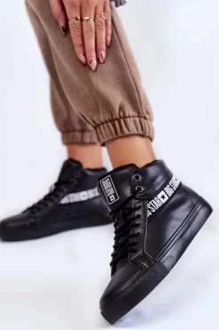 Damskie Big Star Shoes Damskie Wysokie Ocieplane Skórzane Trampki Big Star EE274355 Czarne