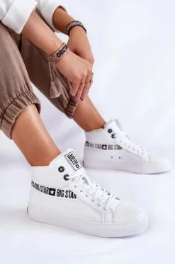 Big Star Shoes Trampki Ocieplane|Trampki Damskie Big Star*Damskie Wysokie Ocieplane Skórzane Trampki Big Star EE274356 Białe