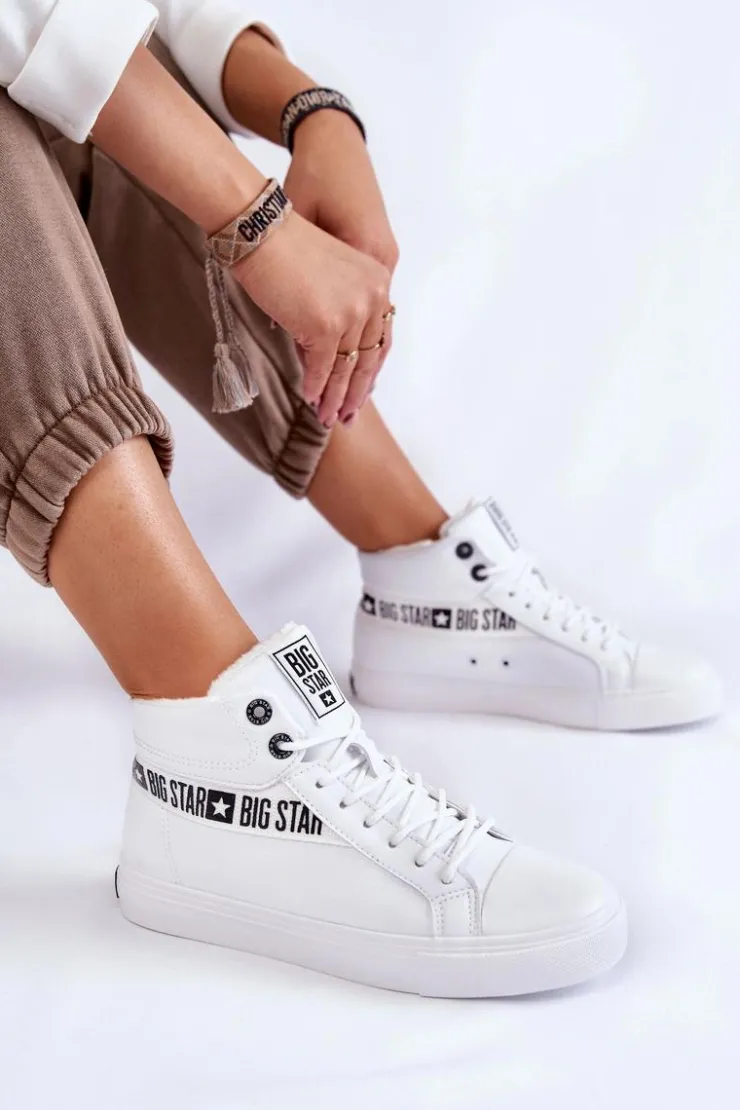 Big Star Shoes Trampki Ocieplane|Trampki Damskie Big Star*Damskie Wysokie Ocieplane Skórzane Trampki Big Star EE274356 Białe